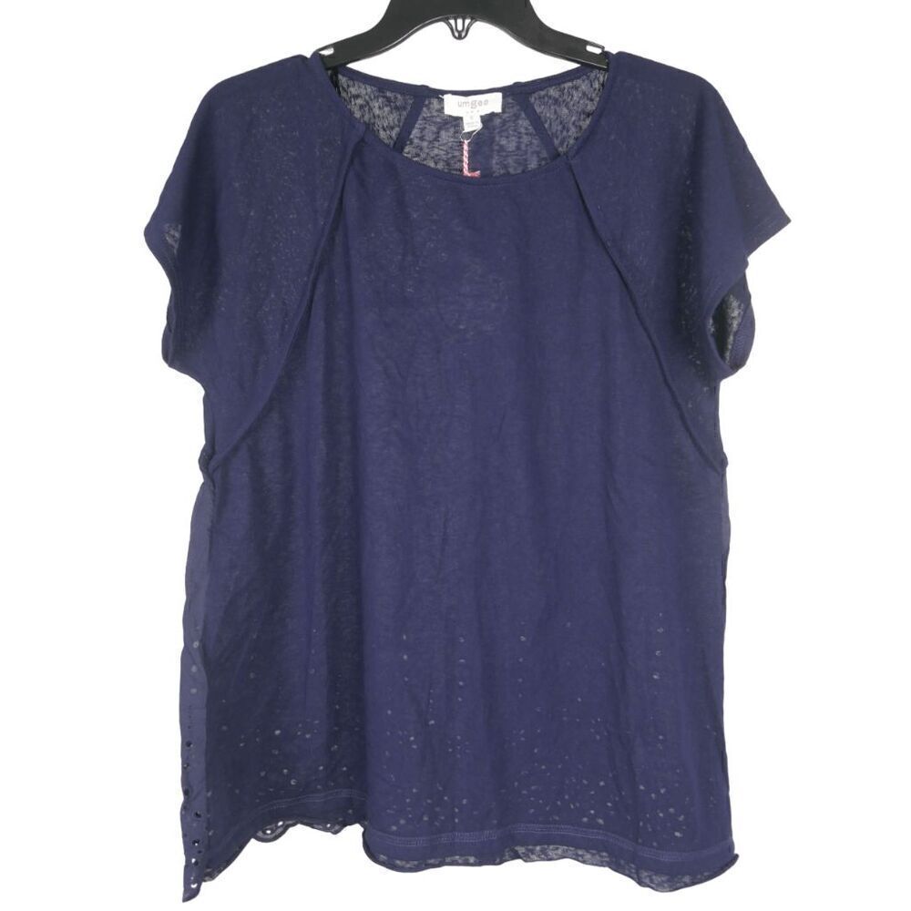 Umgee Linen Blend Back Lace Detail Round Neck Short Sleeve Top with Ruffle Hem S